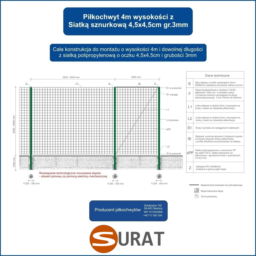 Piłkochwyt 4m wysokości   Siatka oczko 4,5x4,5cm   Grubość siatki 3mm